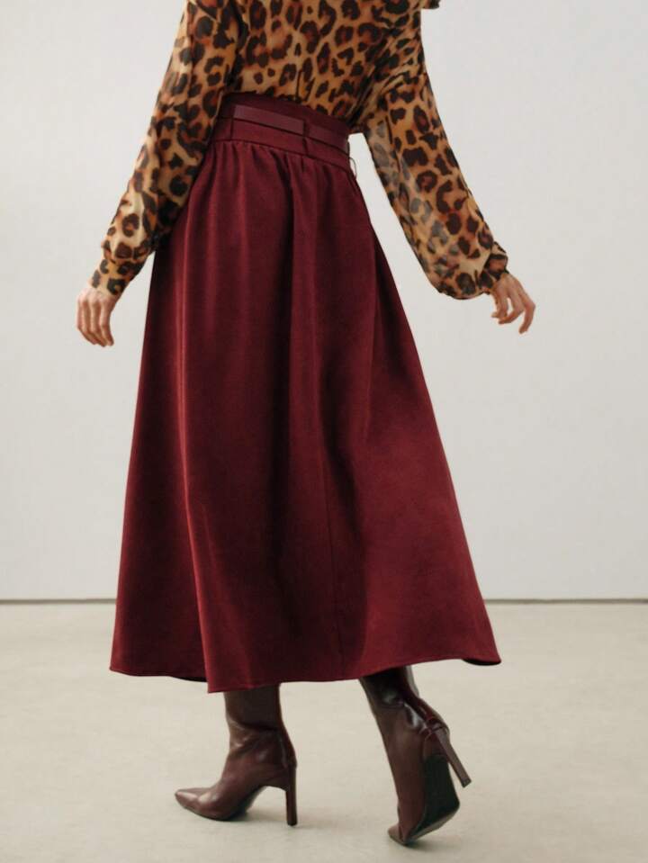 CM-BS566170 Women Elegant Seoul Style Suede Belted A-Line High Waist Maxi Skirt - Burgundy