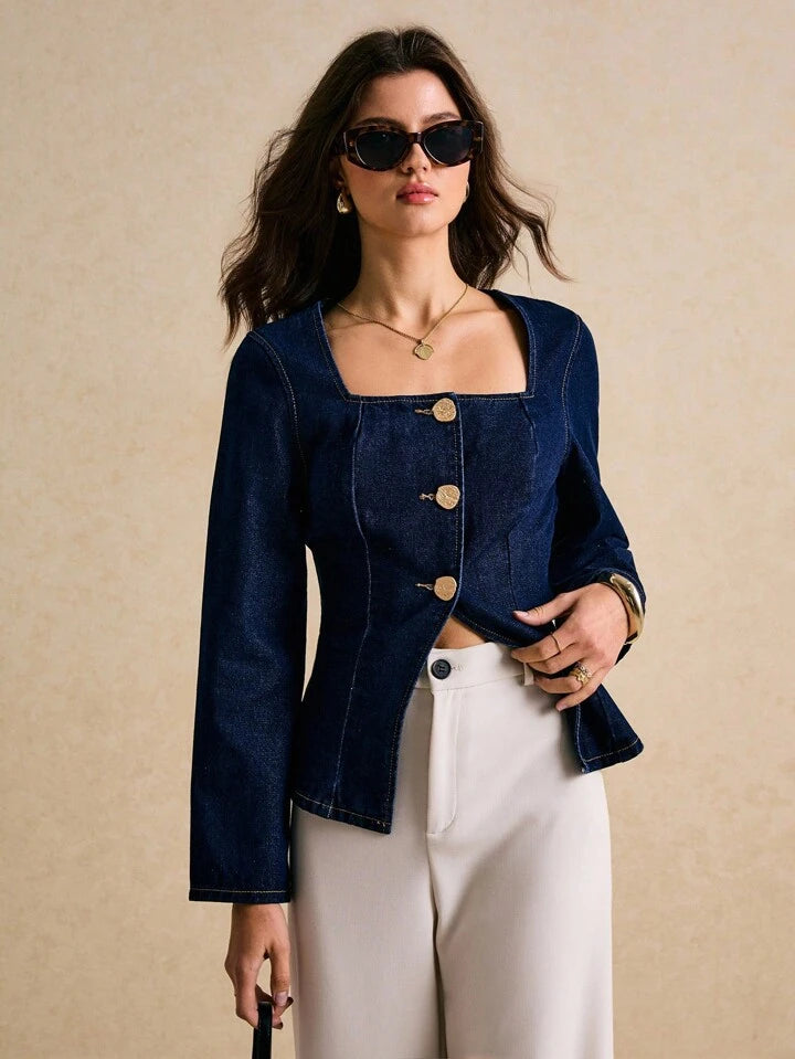 CM-TS629341 Women Elegant Seoul Style Dark Wash Square Neck Long Sleeve Single-Breasted Denim Top