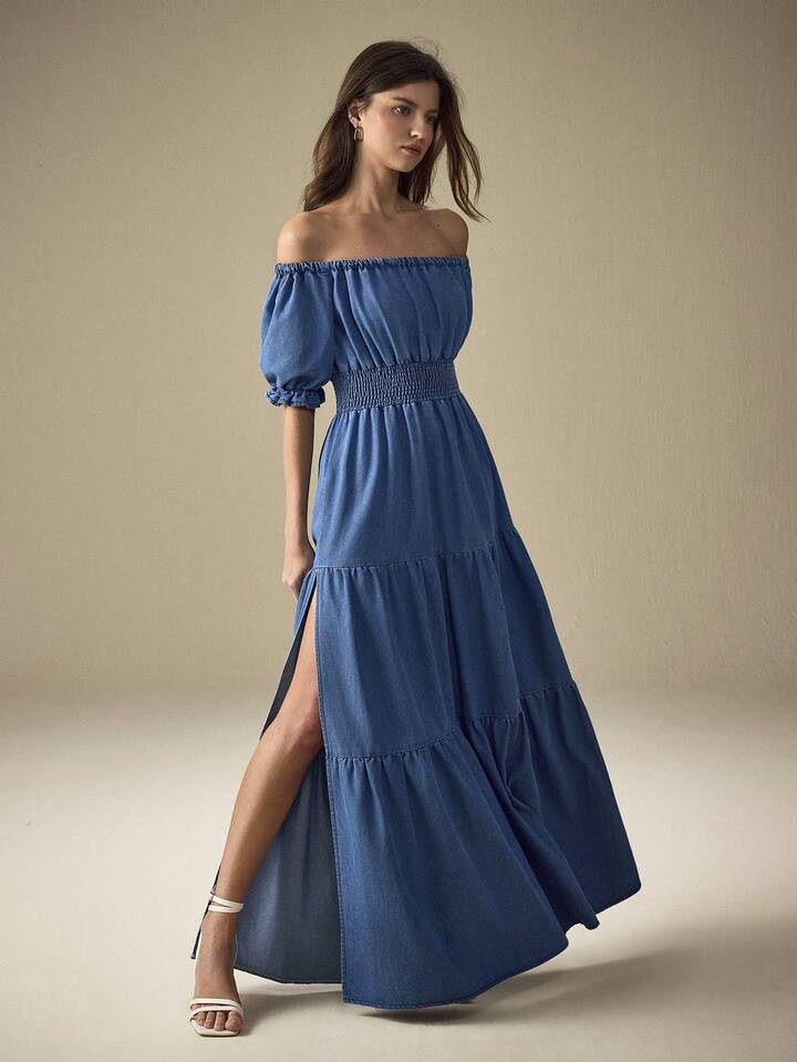 CM-DS553658 Women Trendy Bohemian Style Off-Shoulder Short Puff Sleeve Waist Gathered Long Denim Dress - Blue
