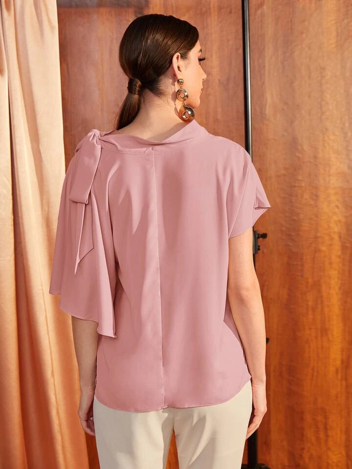 CM-TS584191 Women Elegant Seoul Style Knot Shoulder Asymmetrical Batwing Sleeve Top