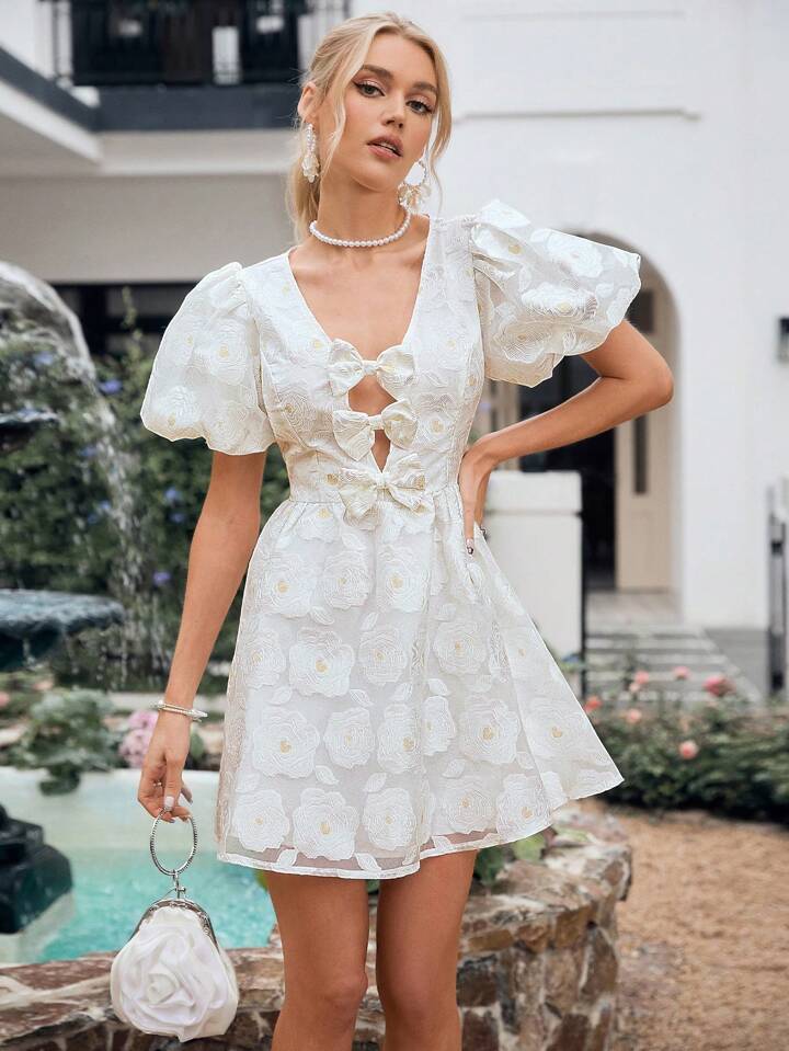 CM-DS860852 Women Elegant Seoul Style V-Neck Short Sleeve Hollow Out Butterfly Knot Dress - White