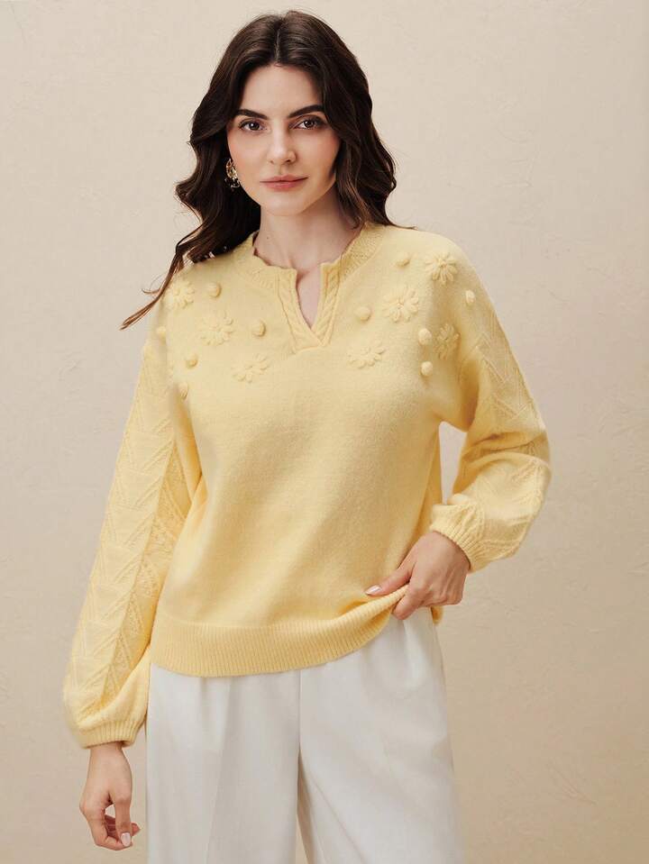 CM-CS731179 Women Elegant Seoul Style Embroidered Floral Motched Neckline Loose Knit Pullover Sweater - Yellow
