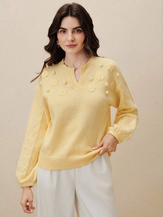 CM-CS731179 Women Elegant Seoul Style Embroidered Floral Motched Neckline Loose Knit Pullover Sweater - Yellow