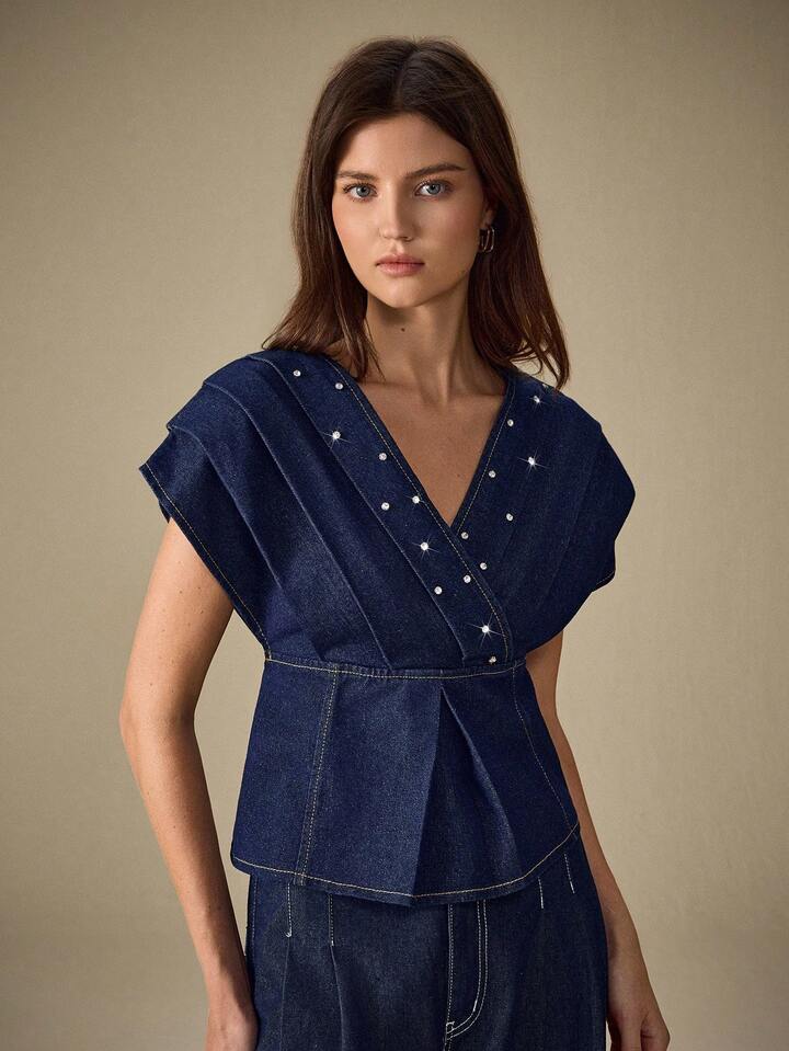 CM-TS983839 Women Casual Seoul Style Dark Wash Deep V-Neck Kimono Sleeve Denim Blouse