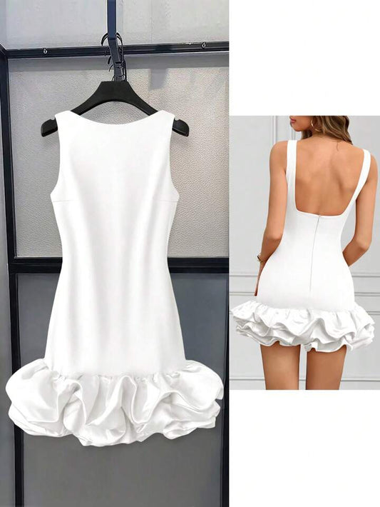 CM-DS379410 Women Elegant Seoul Style Round Neck Sleeveless Ruffle Hem Short A-Line Dress - White