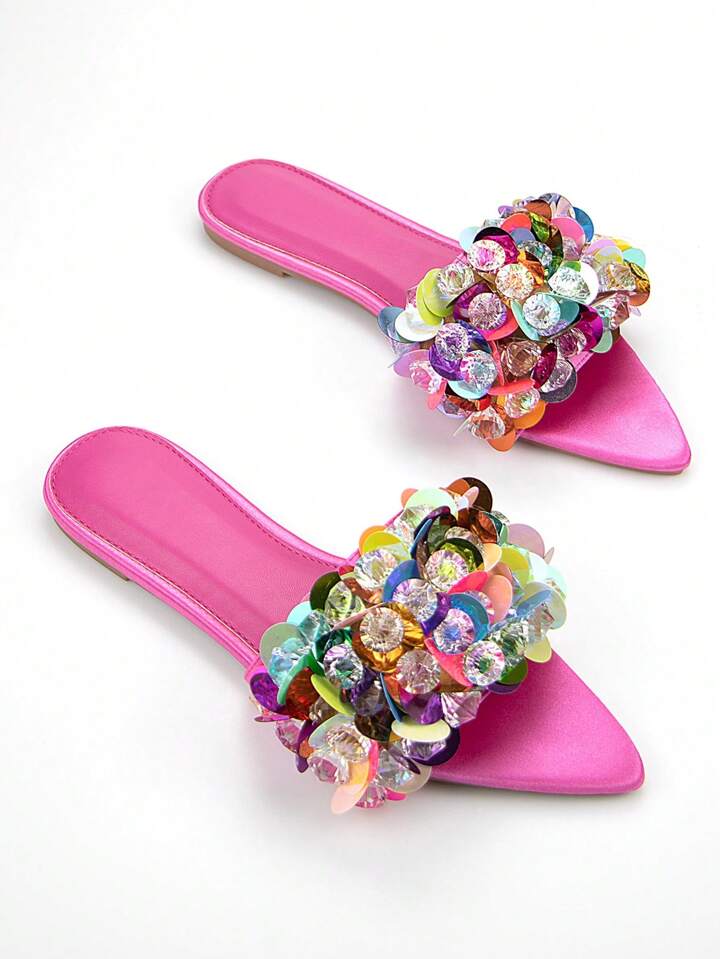CM-SHS858595 Women Trendy Seoul Style Beads Embroidery 3D Floral Decor Pointed Toe Flat Mules - Hot Pink