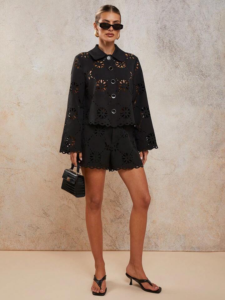 CM-SS040471 Women Elegant Seoul Style Laser Cut Long Sleeve Single-Breasted Blouse With Loose Shorts - Set