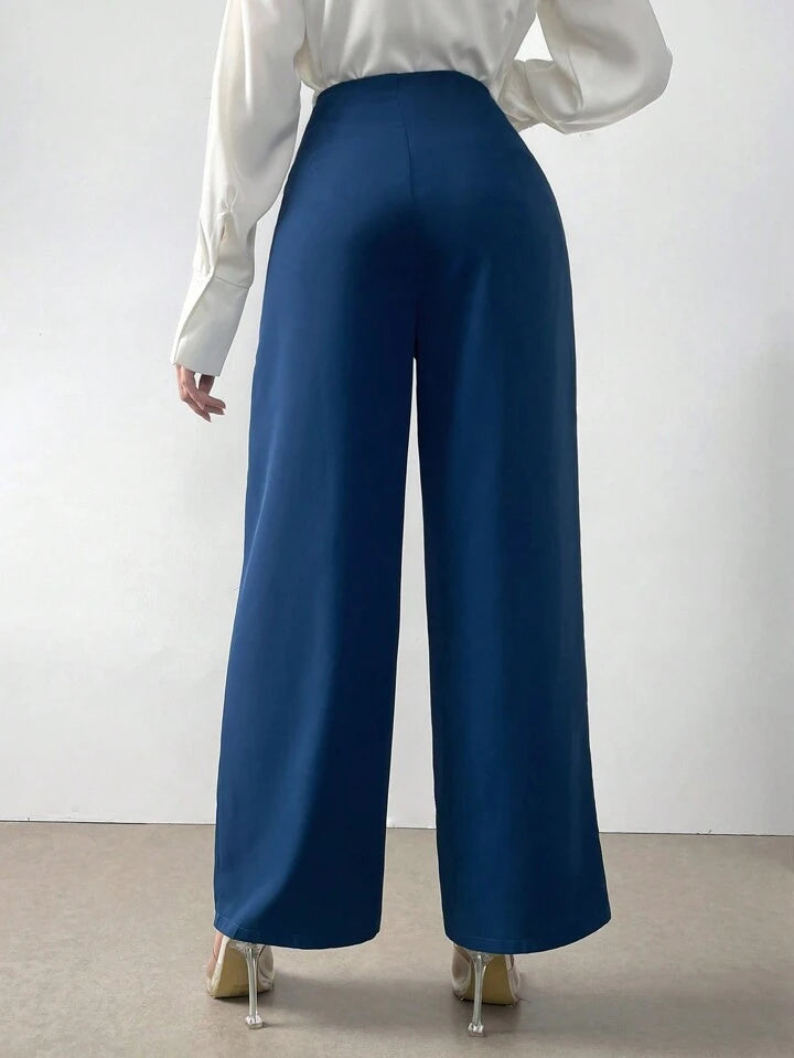 CM-BS457540 Women Casual Seoul Style Solid Color Button Straight Leg Trousers - Teal Blue