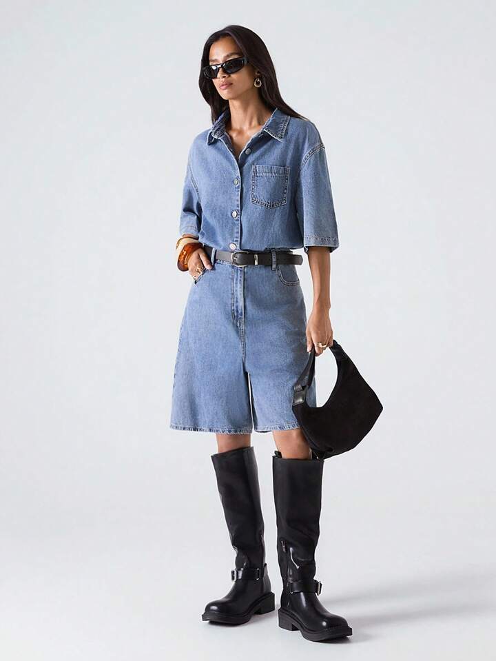 CM-JS350635 Women Casual Seoul Style Medium Wash Collar Neckline Short Sleeve Loose Denim Jumpsuit