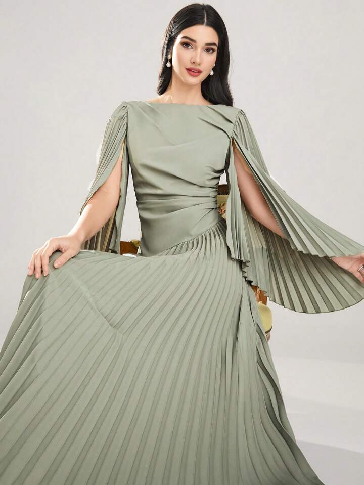 CM-DS972736 Women Elegant Seoul Style Round Neck Long Sleeve Asymmetrical Pleated Dress - Green