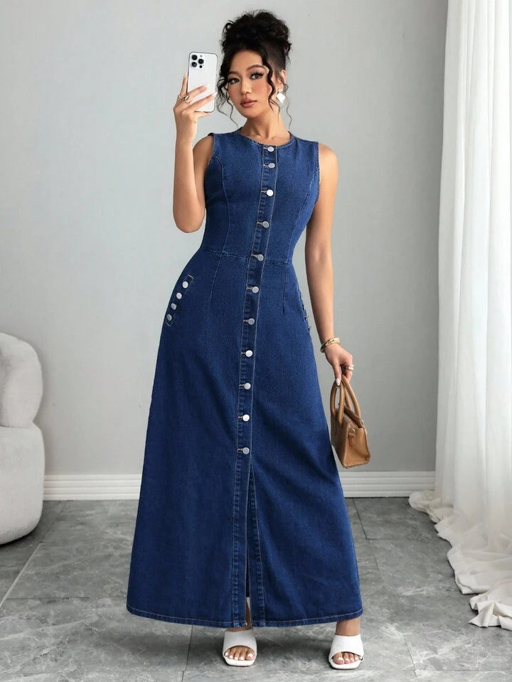 CM-DS817222 Women Elegant Seoul Style Minimalist Round Neck Sleeveless Button-Down Denim Dress - Blue