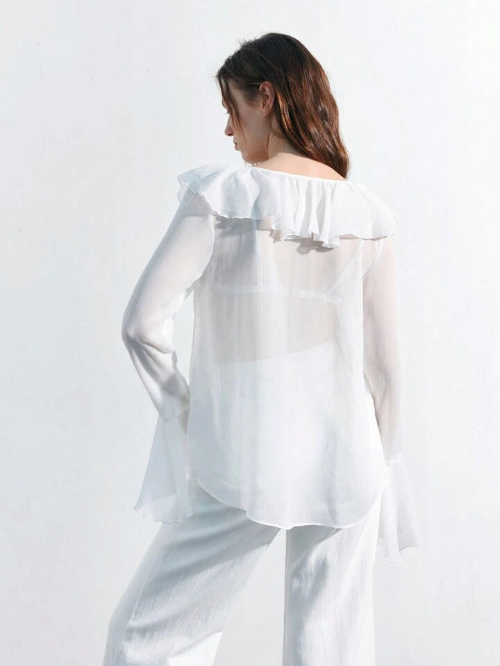 CM-TS244649 Women Casual Seoul Style Solid Color Ruffle Trim Flare Sleeve Blouse - White