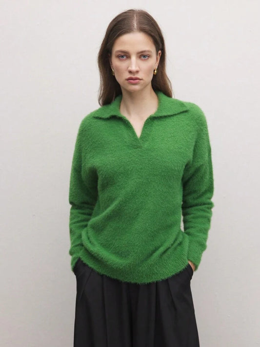 CM-CS989982 Women Casual Seoul Style Collar Neckline Long Sleeve Fuzzy Pullover Sweatshirt - Green