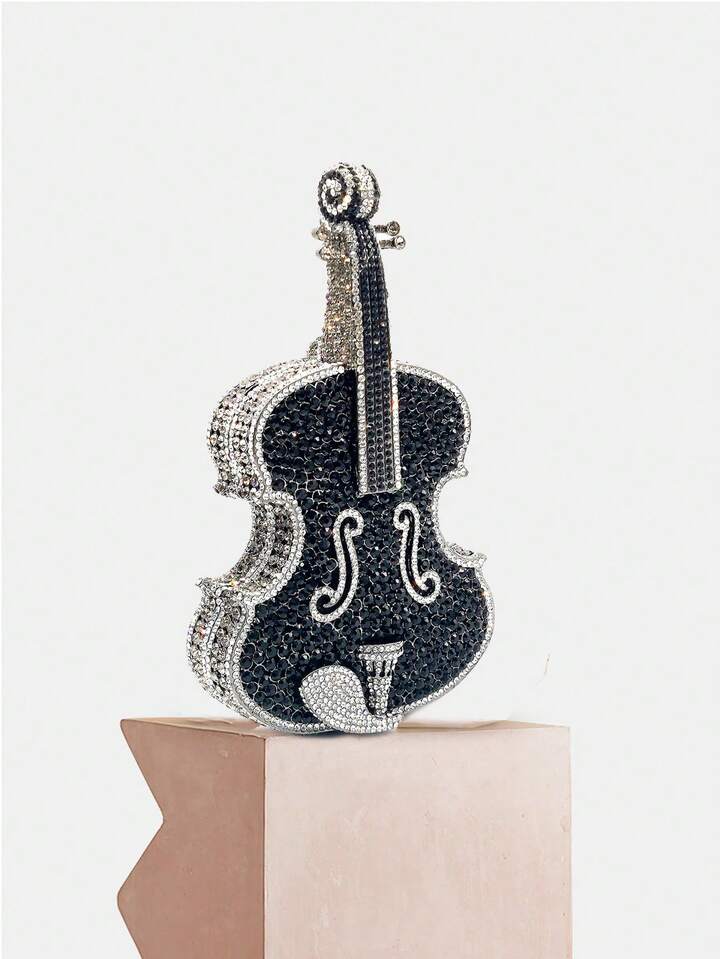 CM-BGS206420 Women Elegant Seoul Style Multicolor Crystal Violin Shape Cltuch Bag - Black