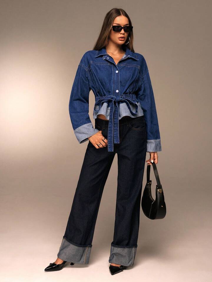 CM-CS044001 Women Elegant Seoul Style Dark Wash Collar Neckline Single Breasted Long Sleeve Denim Jacket