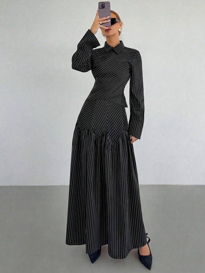CM-SS672872 Women Elegant Seoul Style Striped Collar Neckline Long Sleeve Shirt With Pleated Maxi Skirt - Set