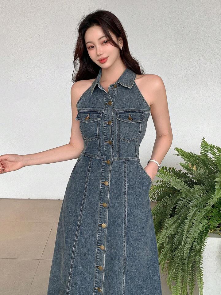 CM-DS142910 Women Casual Seoul Style Collar Neckline Sleeveless Single Breasted Denim Dress