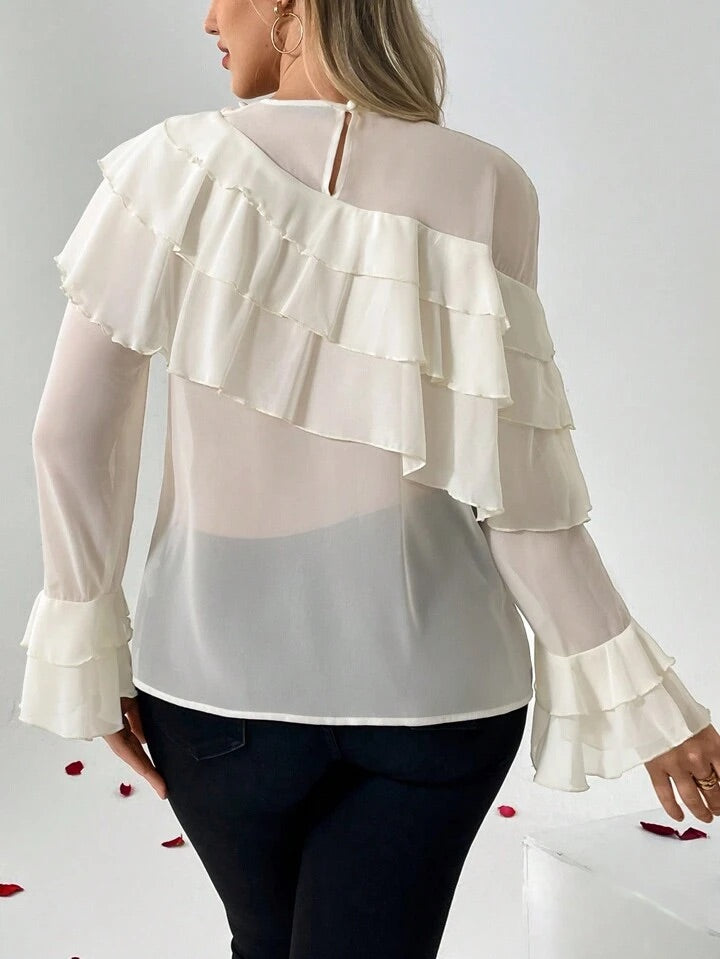 CM-TS684985 Women Elegant Seoul Style 3D Floral Decorated Ruffle Trim Blouse - Apricot