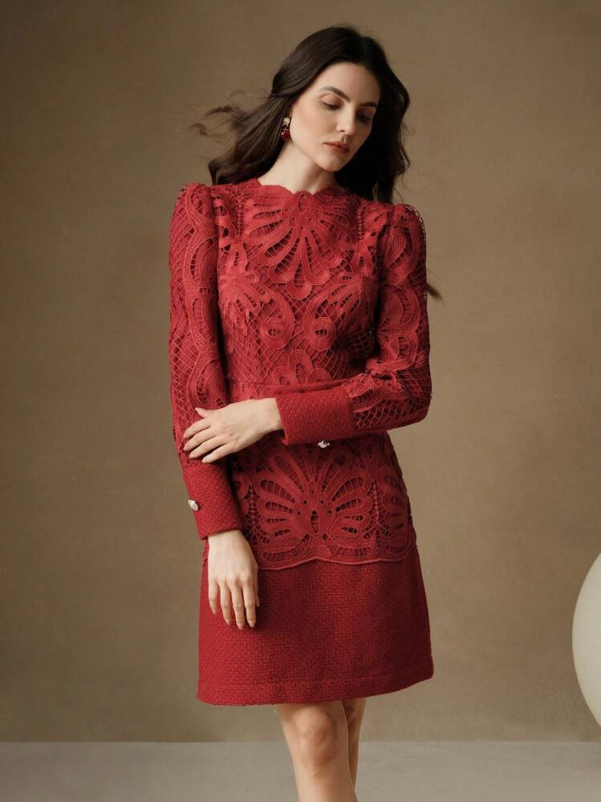 CM-DS114407 Women Elegant Seoul Style Stand Collar Long Sleeve Lace Patchwork Cheongsam Dress - Burgundy