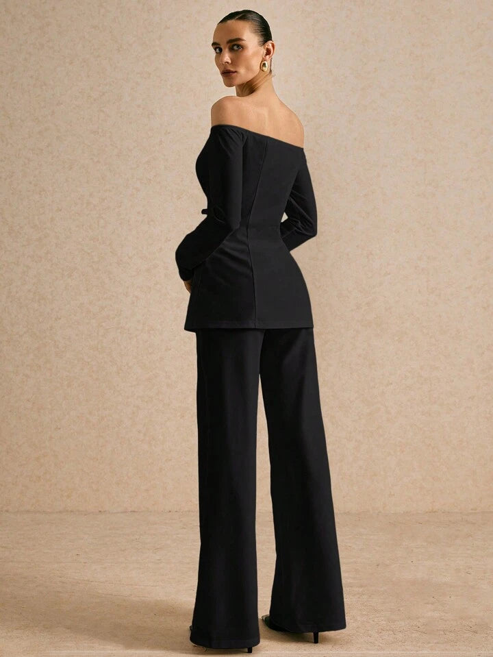 CM-SS332411 Women Elegant Seoul Style Solid Color Off Shoulder Long Sleeve Single Breasted Blazer With Pants - Set