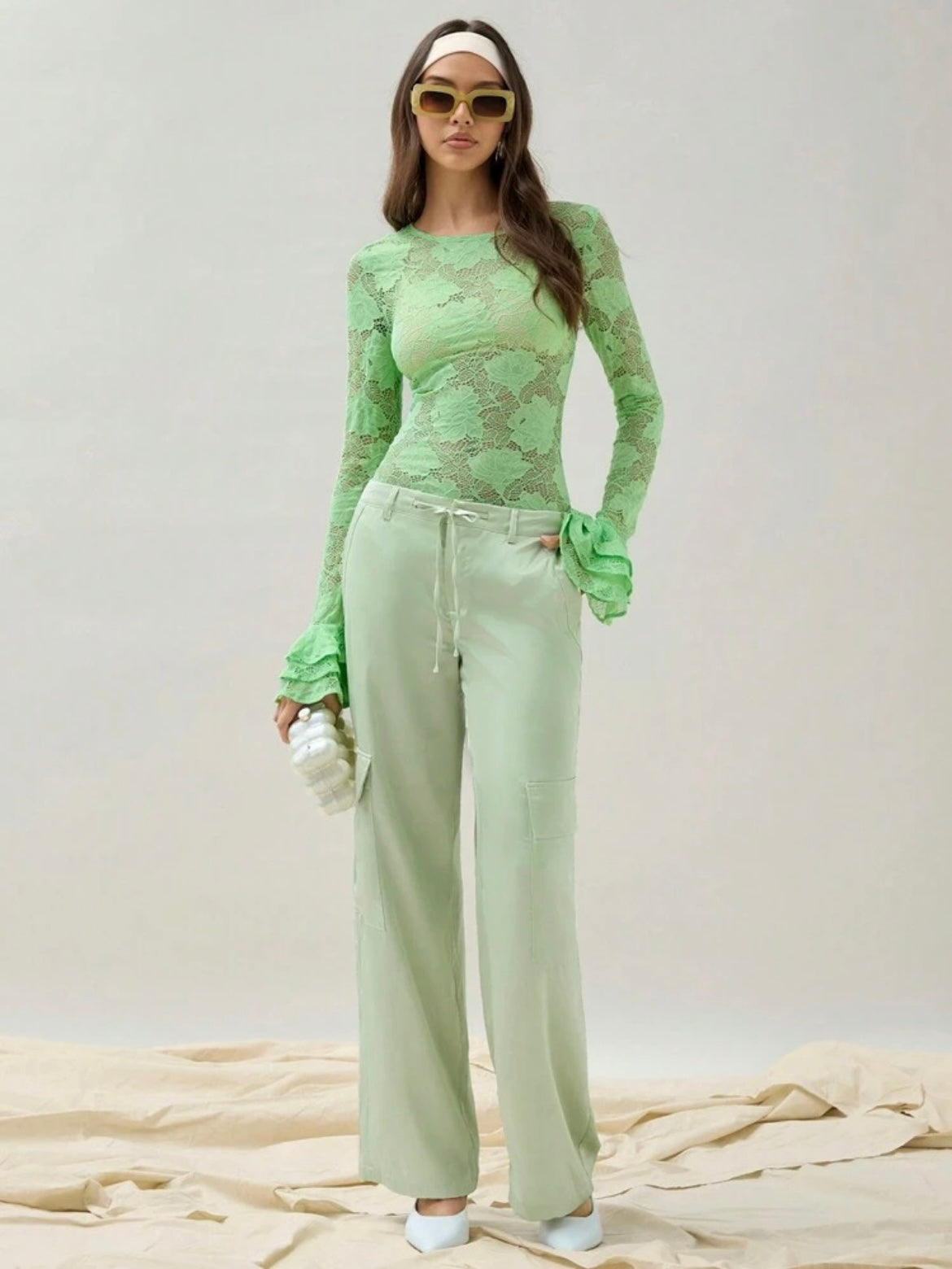 CM-BS742419 Women Casual Seoul Style Solid Color Belted Pocketed Wide Leg Trousers - Mint Green