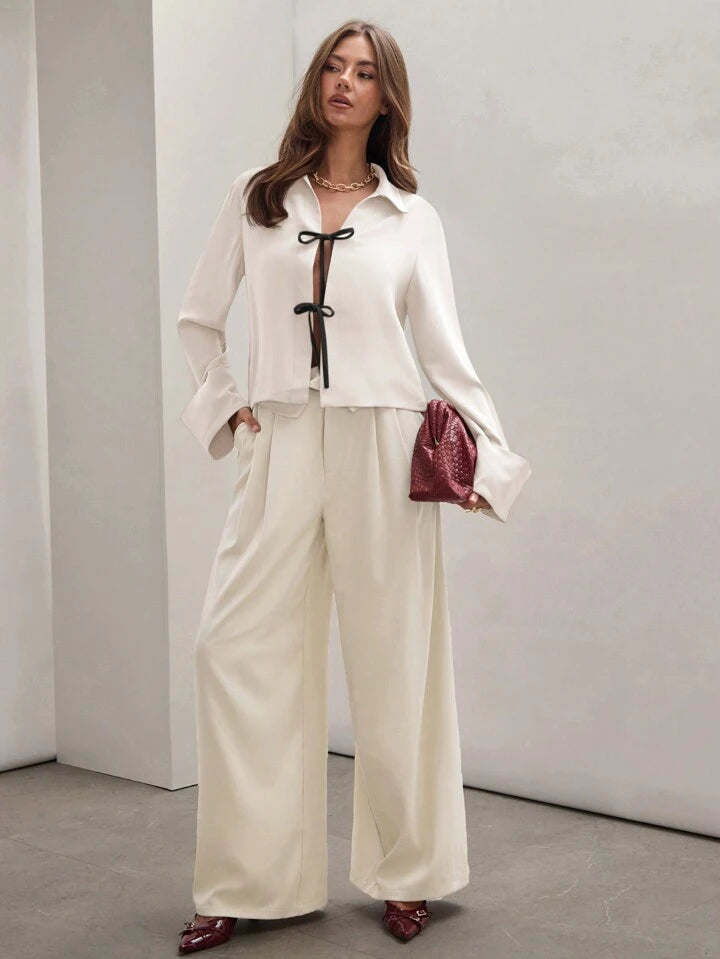 CM-TS523311 Women Trendy Bohemian Style Shirt Collar Front Tie Long Sleeve Shirt - Cream