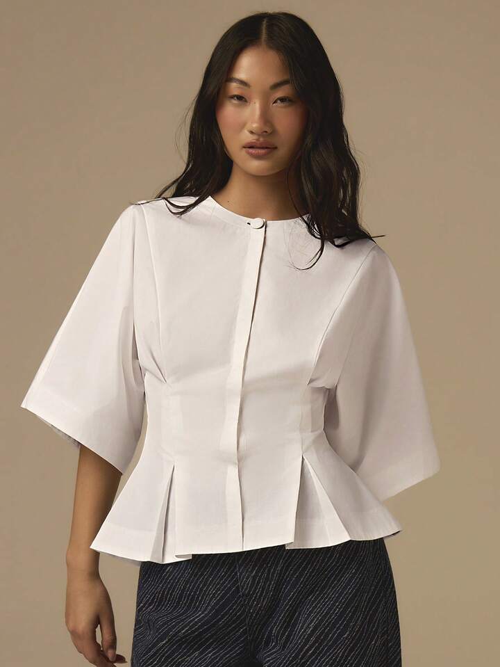 CM-TS905303 Women Casual Seoul Style Solid Color Round Neck Pleated Waist 3/4 Sleeve Blouse - White