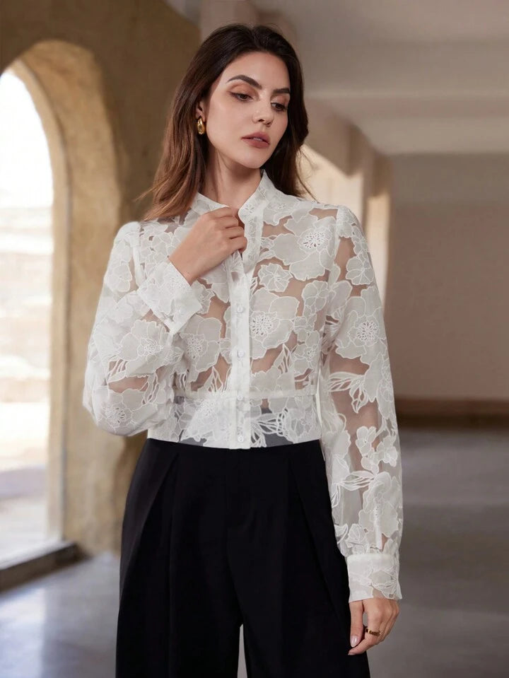 CM-TS600717 Women Elegant Seoul Style V-Neck Sheer Geometric Long Sleeve  Blouse - White