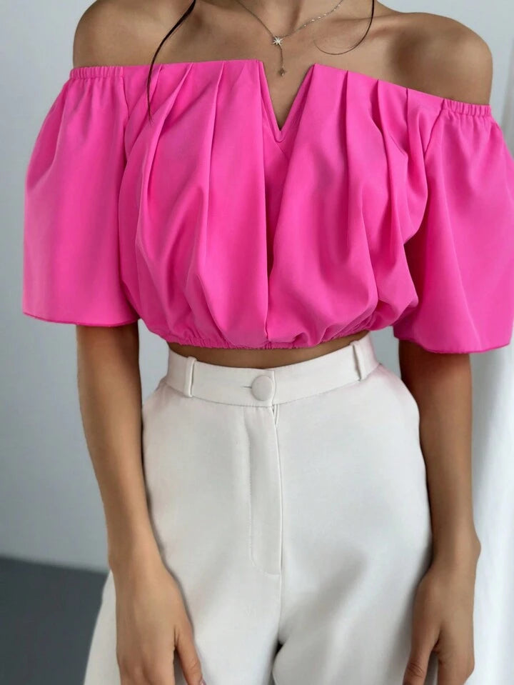CM-TS963720 Women Casual Seoul Style Off the Shoulder V-Neck Cropped Blouse - Hot Pink
