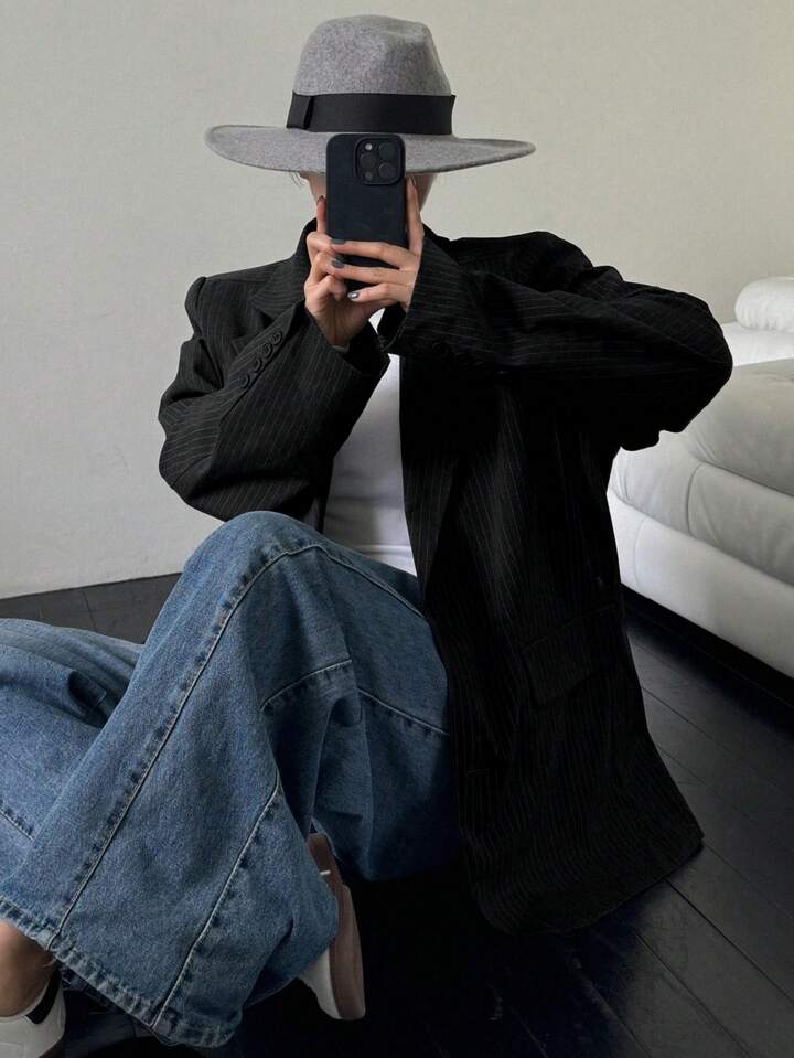 CM-CS966110 Women Elegant Seoul Style Striped Lapel Neckline Long Sleeve Suit Jacket - Black