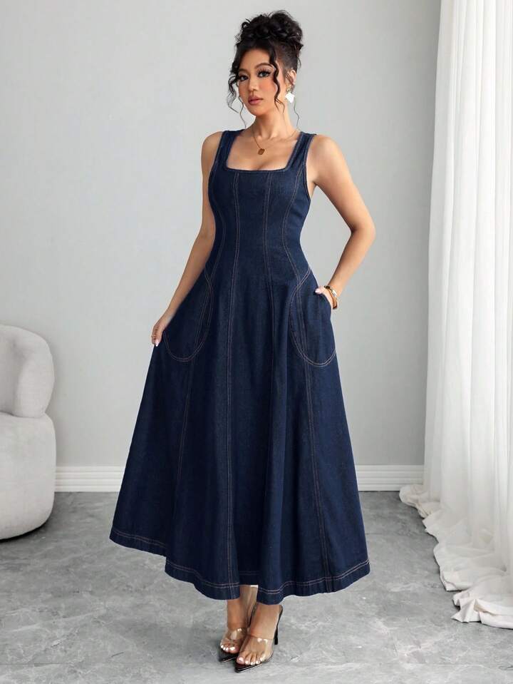 CM-DS167300 Women Elegant Seoul Style Dark Wash Square Neck Sleeveless High Waist Midi Denim Dress