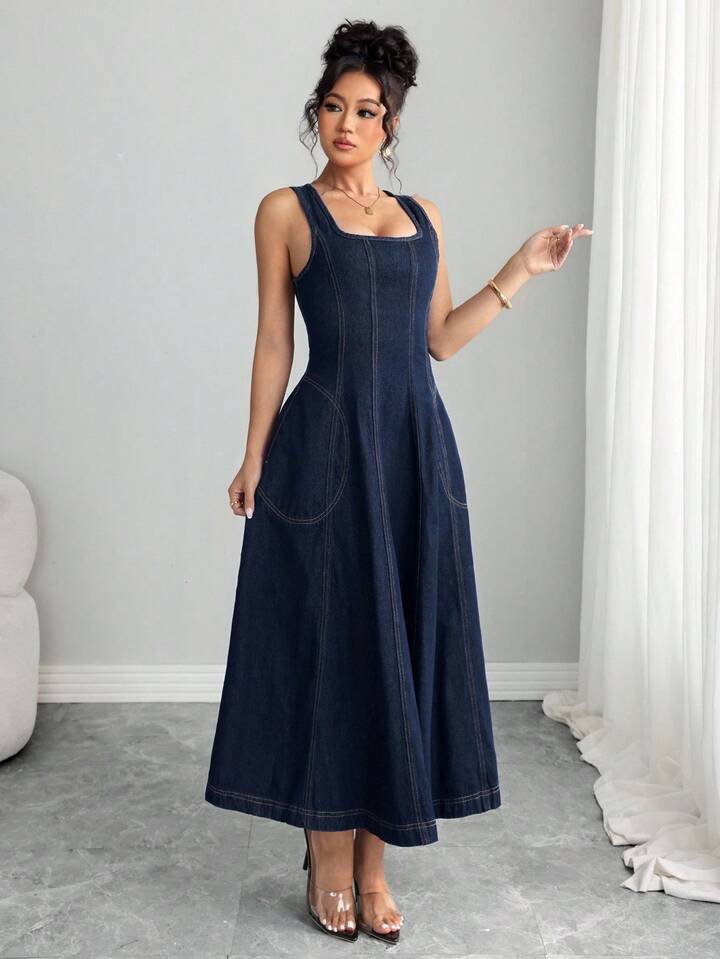 CM-DS167300 Women Elegant Seoul Style Dark Wash Square Neck Sleeveless High Waist Midi Denim Dress