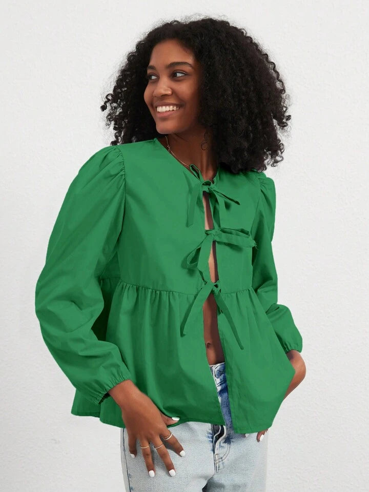CM-TS810531 Women Casual Seoul Style Print Ruffle Hem Tie Long Sleeve Shirt - Green