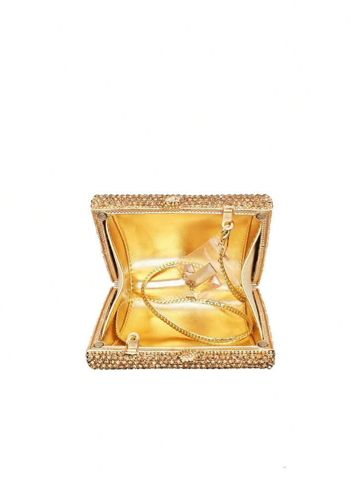CM-BGS417135 Women Elegant Seoul Style Mini Square Gold Rhinestone Hollow Out Crystal Clutch Bag - Gold
