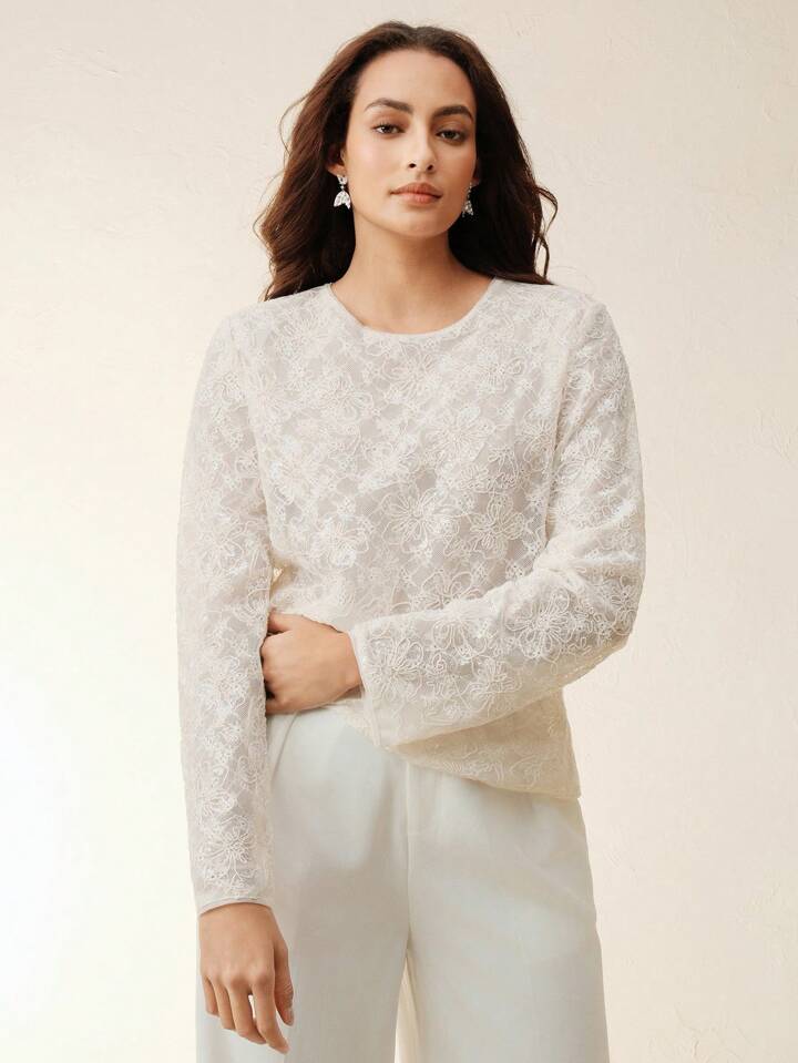 CM-TS530144 Women Elegant Seoul Style Hollow-Out Lace Sequin Decor Long Sleeve Blouse - Apricot