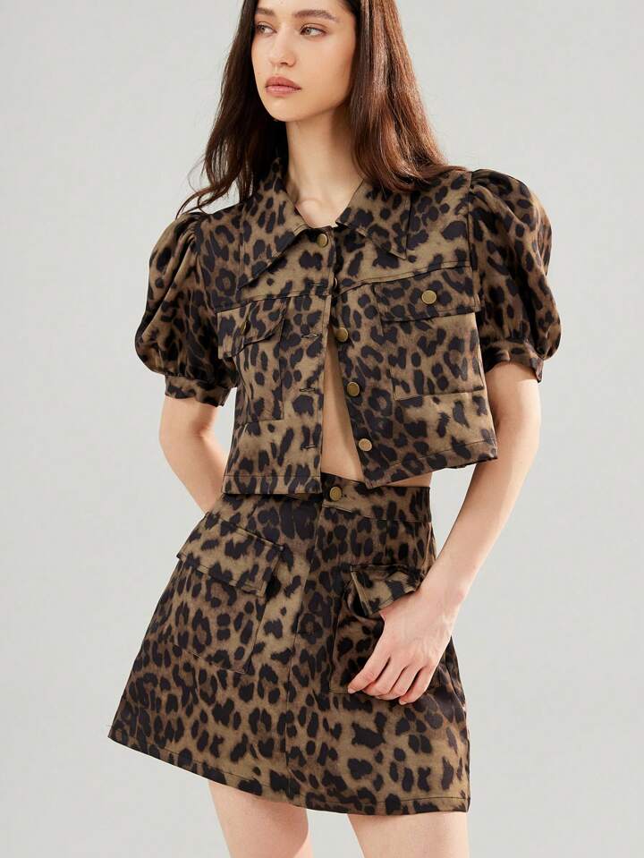 CM-SS285566 Women Casual Seoul Style Textured Pattern Collar Neckline Puff Sleeve Cropped Top With Skirt - Set