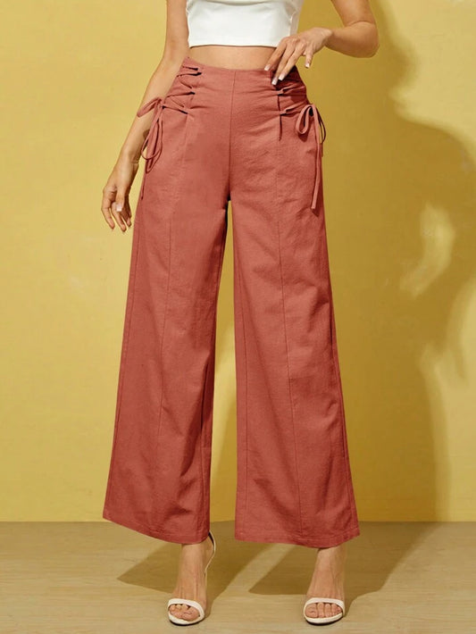 CM-BS229276 Women Casual Seoul Style High Waist Crossed Lace Up Wide Leg Pants - Rusty Rose