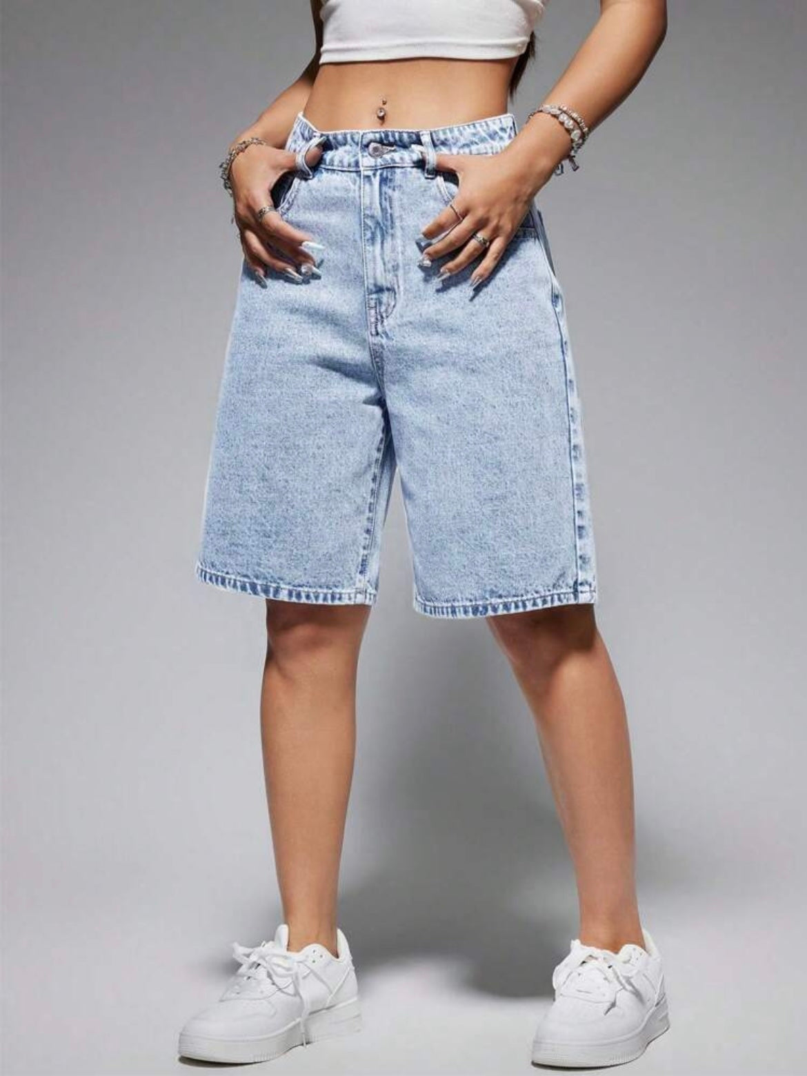 CM-BS411976 Women Casual Seoul Style Light Wash High Waist Bermuda Denim Shorts
