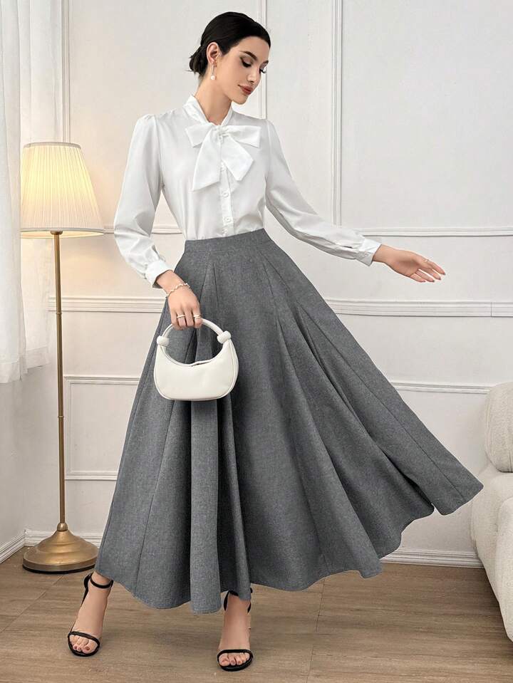 CM-BS211565 Women Elegant Seoul Style High Waist Loose Flare Skirt - Gray