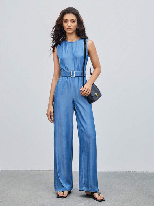 CM-JS759311 Women Casual Seoul Style Medium Wash Round Neck Belted Sleeveless Jumpsuit