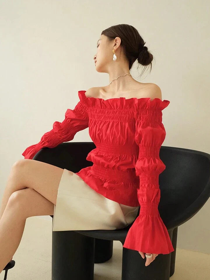 CM-TS701937 Women Trendy Bohemian Style Bubble Sleeve Off-Shoulder Wrinkled Shirt - Red