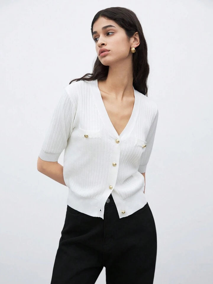 CM-TS513431 Women Casual Seoul Style V-Neck Short Sleeve Button Front Knit Blouse - White