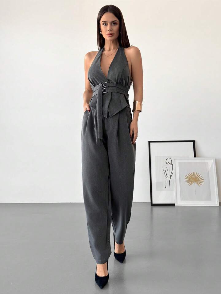CM-SS112354 Women Elegant Seoul Style Halter Deep V Wrap Metal Buckle Open Back Skinny Camisole With Long Skirt - Set