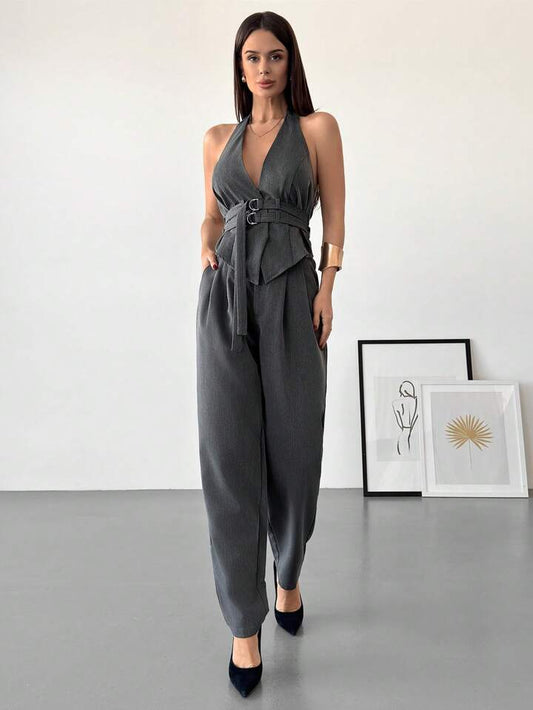 CM-SS112354 Women Elegant Seoul Style Halter Deep V Wrap Metal Buckle Open Back Skinny Camisole With Long Skirt - Set