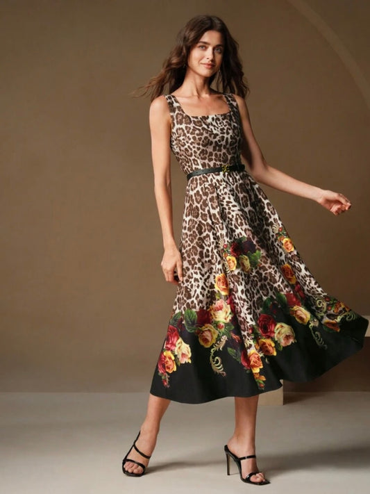CM-DS668199 Women Elegant Seoul Style Leopard And Floral Print Wide Strap Sleeveless Midi Dress
