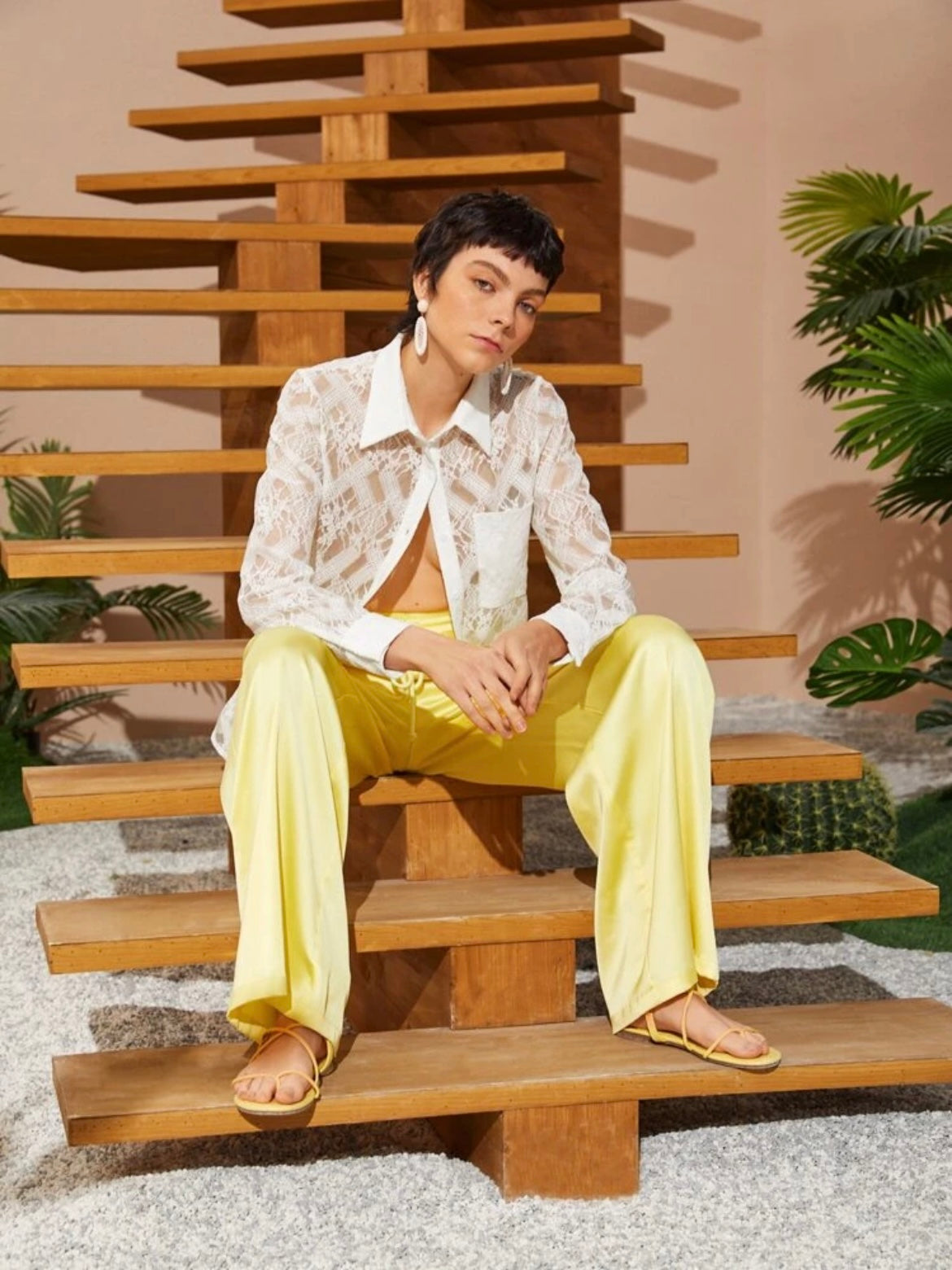 CM-BS349899 Women Trendy Bohemian Style Drawstring Waist Slant Pocket Satin Pants - Yellow
