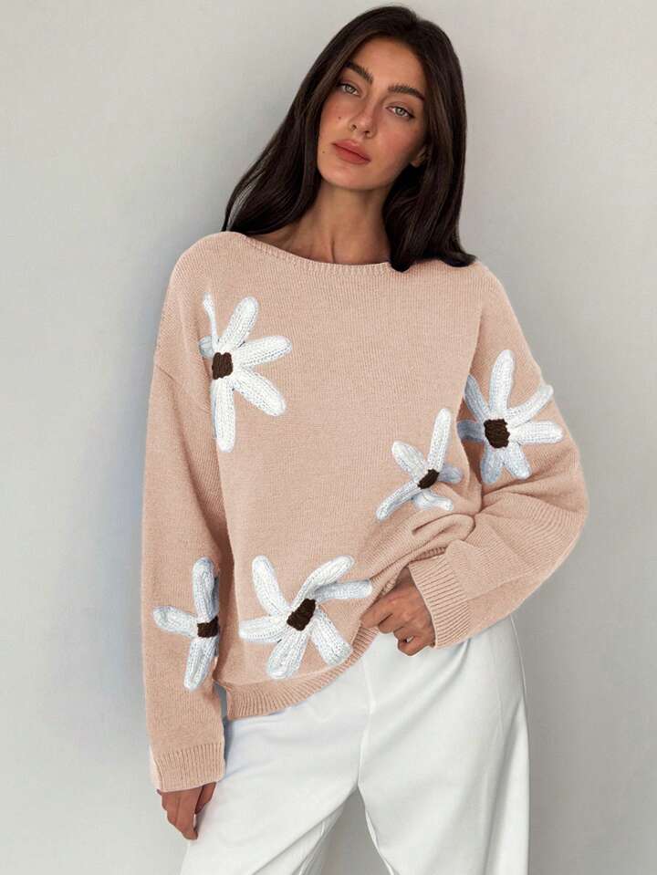 CM-CS463499 Women Casual Seoul Style 3D Floral Decoration Loose Fit Long Sleeve Sweater - Apricot