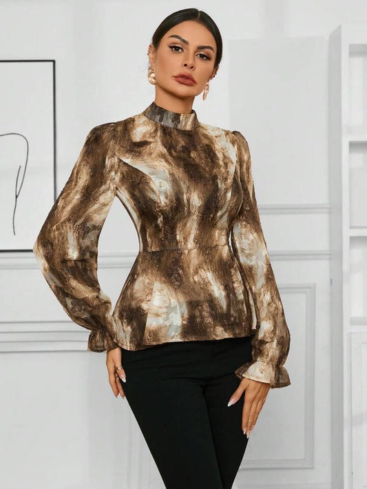 CM-TS980297 Women Elegant Seoul Style Tie Dye Stand Collar Long Sleeve Blouse