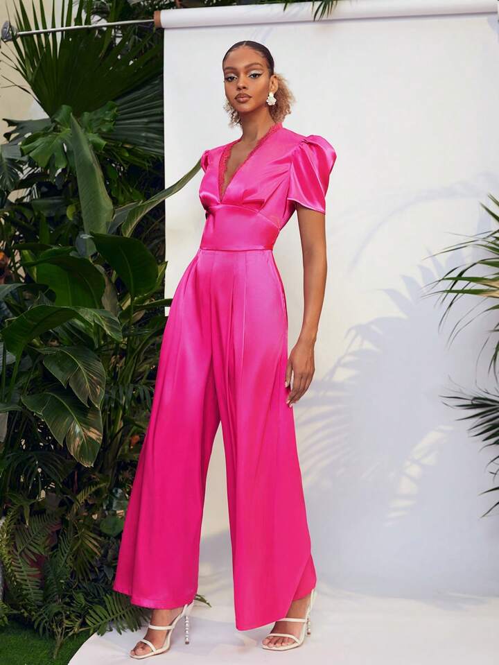 CM-JS005367 Women Elegant Seoul Style Lace V-Neck Short Sleeve Straight Leg Jumpsuit - Hot Pink