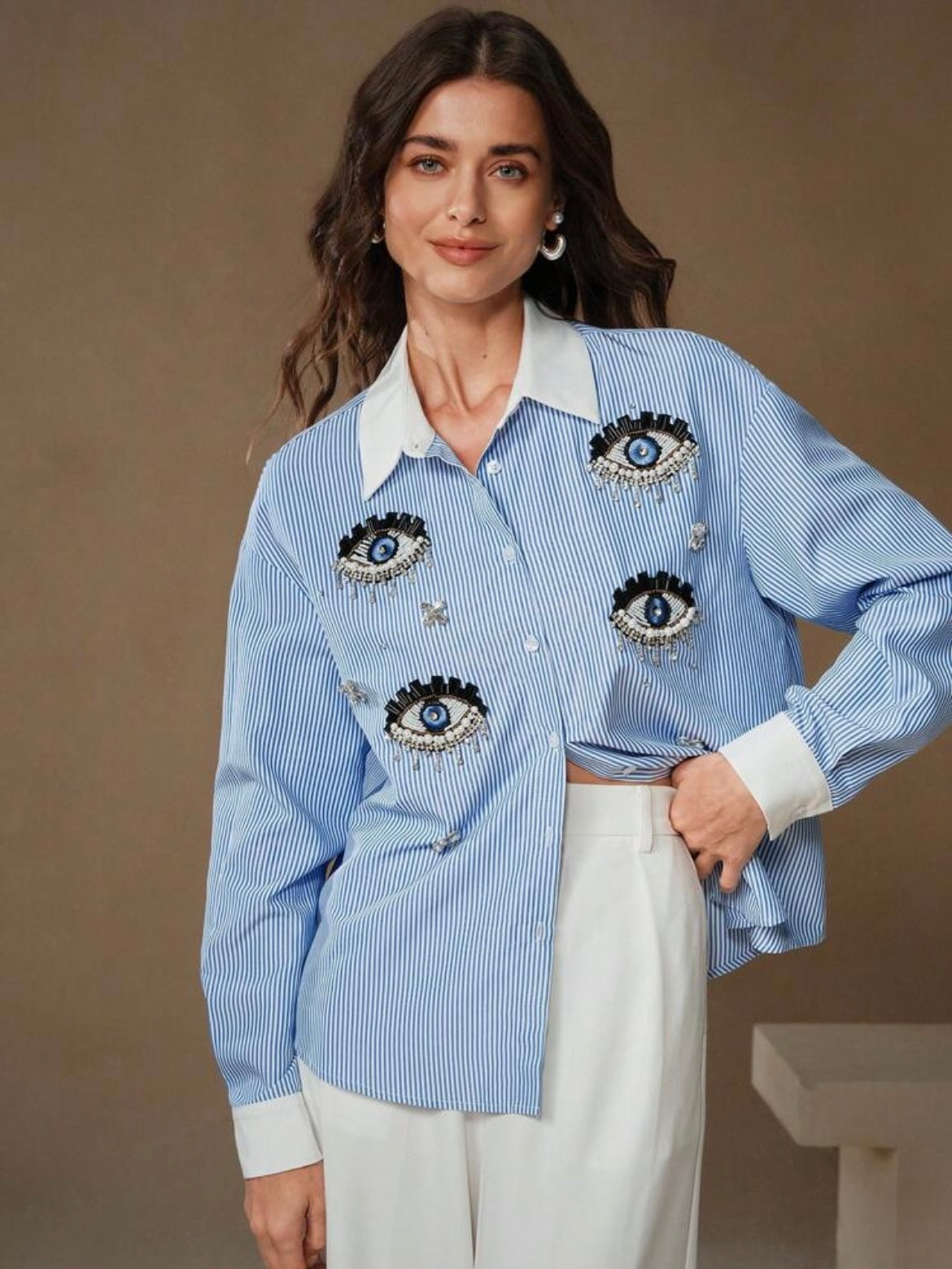CM-TS851017 Women Elegant Seoul Style Riveted Rhinestone Embellished Blue Striped Patch-Up Shirt